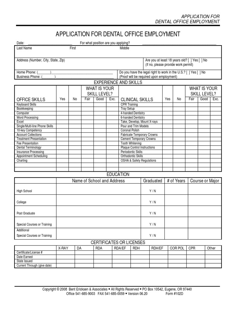 Application For Dental Office Employment Experience and Skills PDF Dental Hygienist At