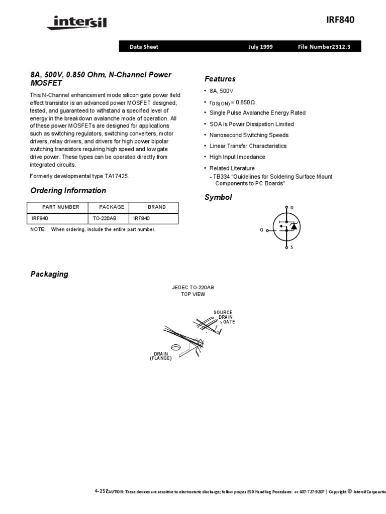 Datasheet IRF840 MOSFET PDF Field Effect Transistor Mosfet