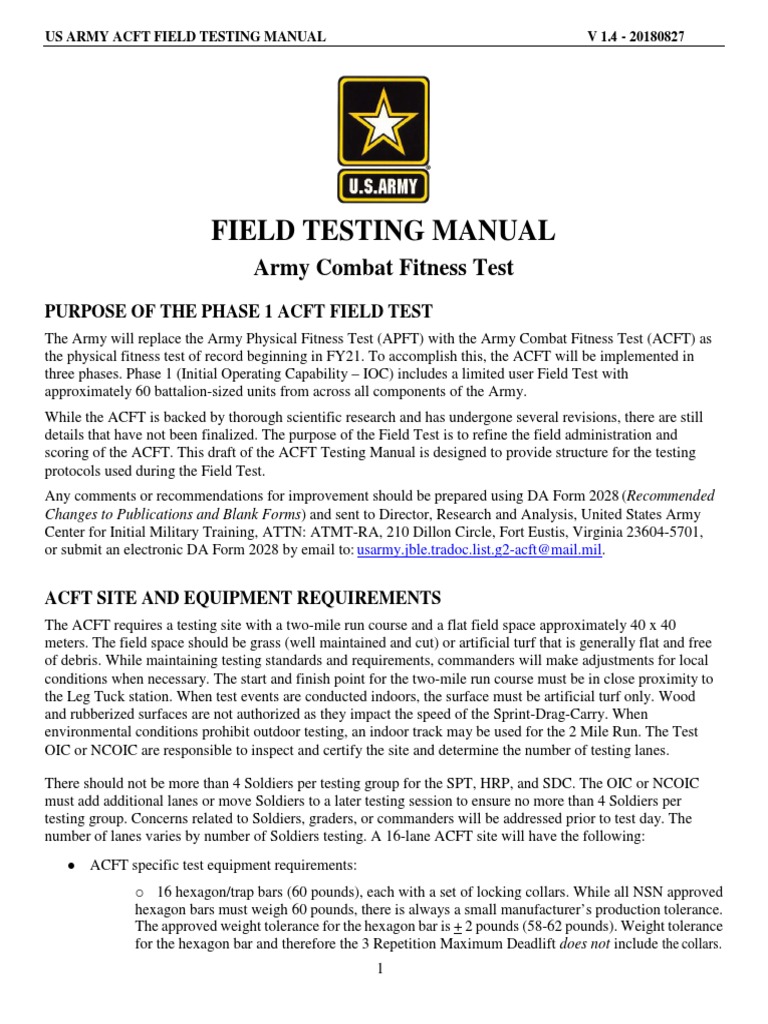 Field Testing Manual: Army Combat Fitness Test | PDF | Anatomical Terms ...