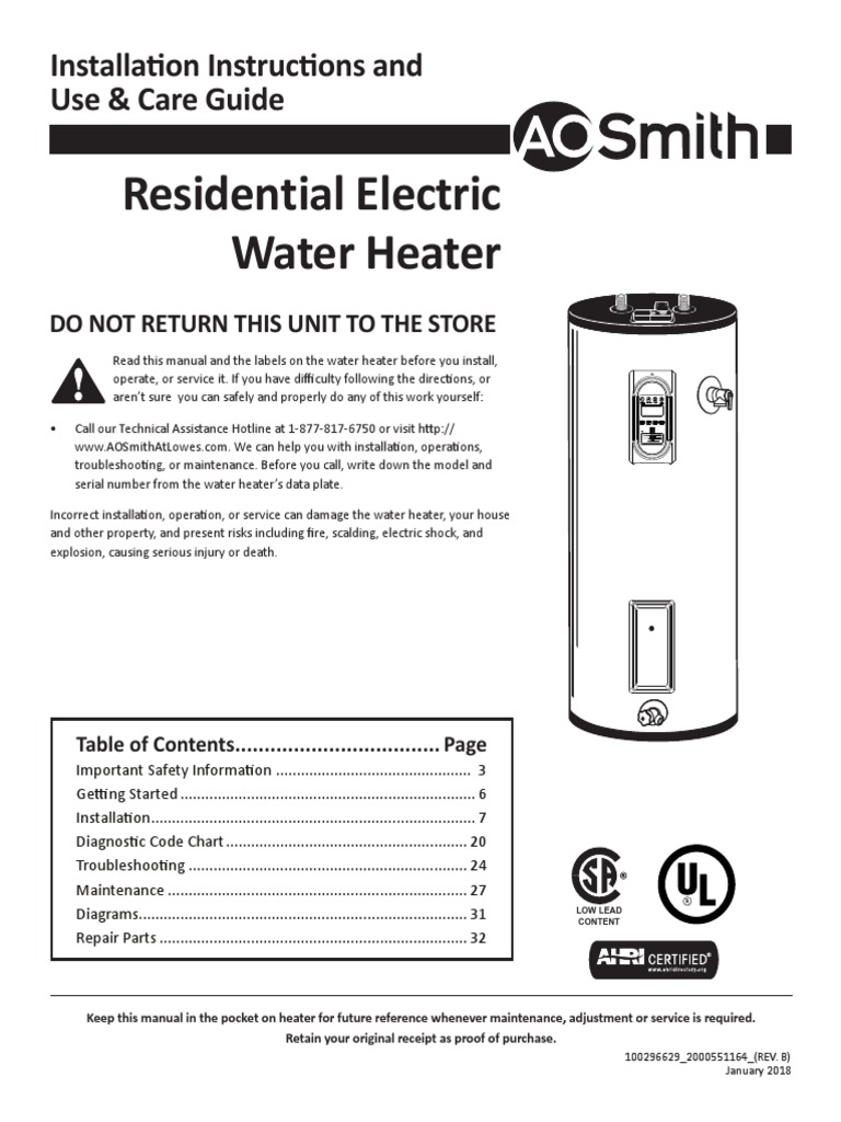 Residential Electric Water Heater: Installa On Instruc Ons and Use u0026 Care  Guide | PDF | Water Heating | Plumbing