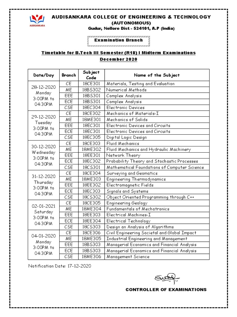 B.Tech III Semester Midterm Timetable | PDF | Electrical Engineering ...