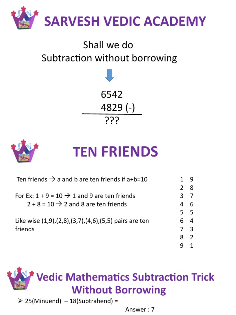 Vedic Maths Subtraction Tricks | PDF | Teaching Methods & Materials