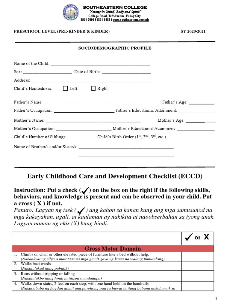 ECCD Checklist for Preschool Assessment | PDF | Foods