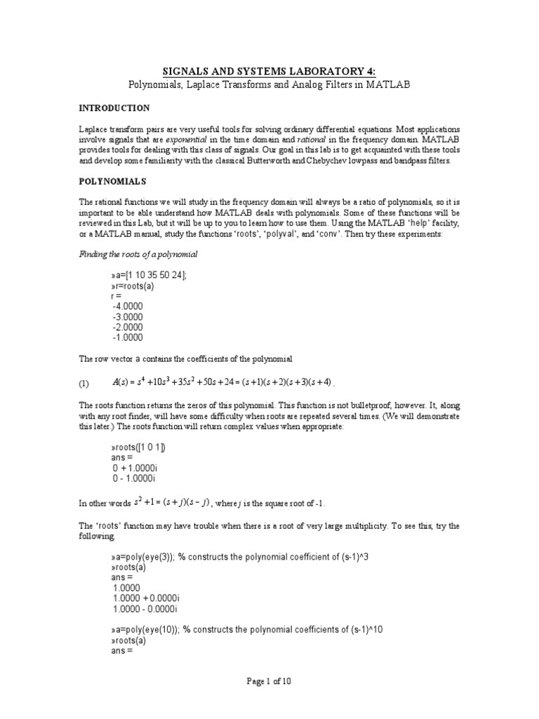 Polynomials, Laplace Transforms and Analog Filters in MATLAB PDF