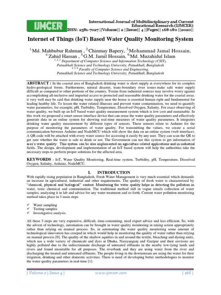 Internet of Things (Iot) Based Water Quality Monitoring System | PDF ...