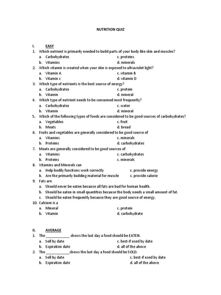 Nutrition Quiz PDF Vitamin Nutrients