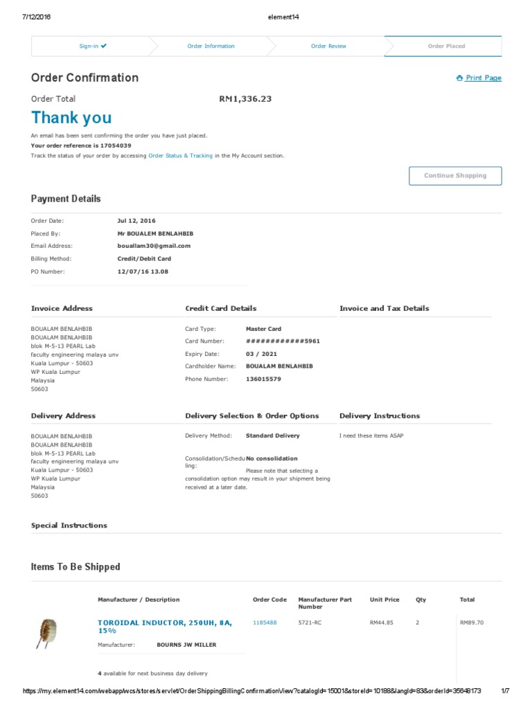 Element14 Order Confirmation Details | PDF | Credit Card | Invoice