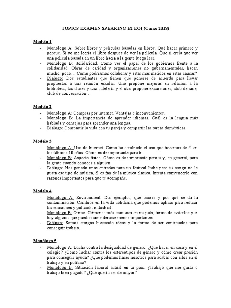 Topics Examen Speaking B2 Eoi PDF Politica Ambiental