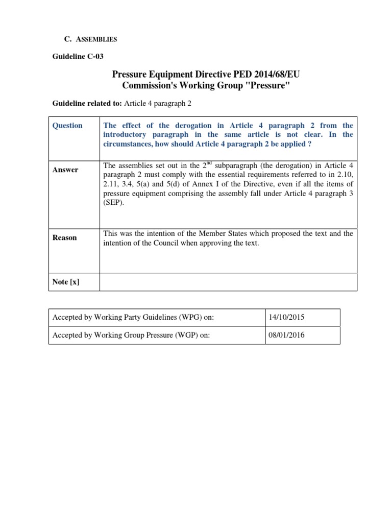 Guidelines Pressure Equipment Directive 2014 68 Eu Assemblies PDF PDF