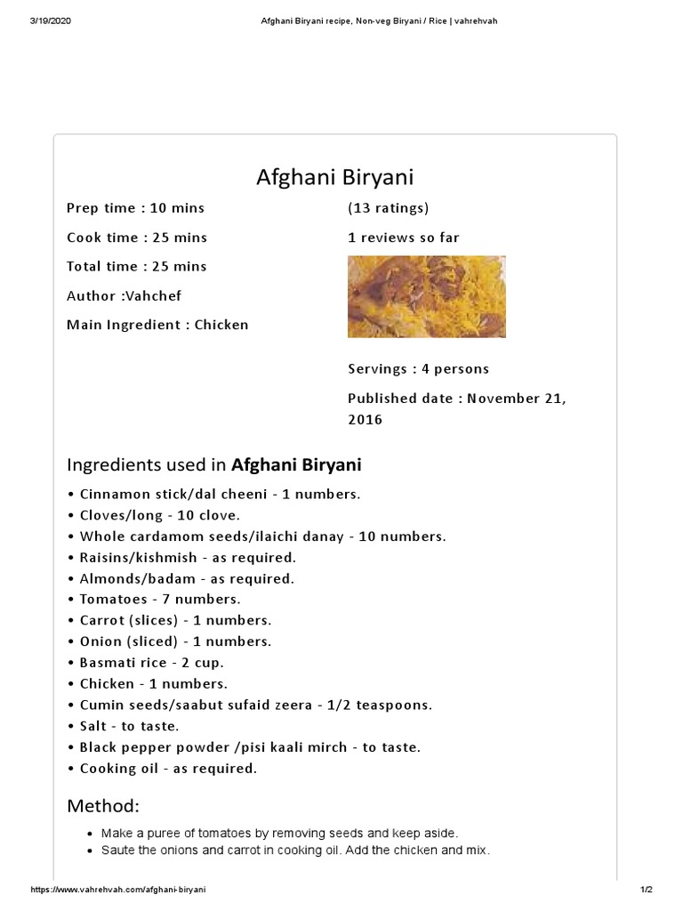 Afghani Chicken Biryani Recipe | PDF