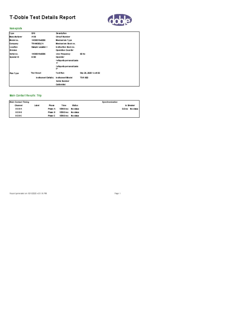 T-Doble Test Details Report: Nameplate | PDF | Electrical Engineering ...