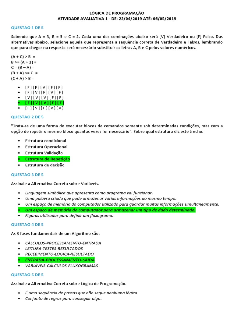 Questões sobre Lógica de Programação | PDF | Métodos e Materiais de ...