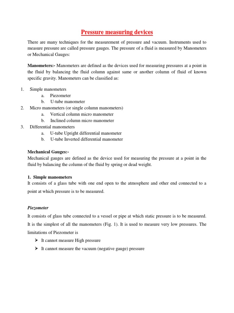 Overview of Pressure Measuring Devices | PDF | Pressure Measurement ...