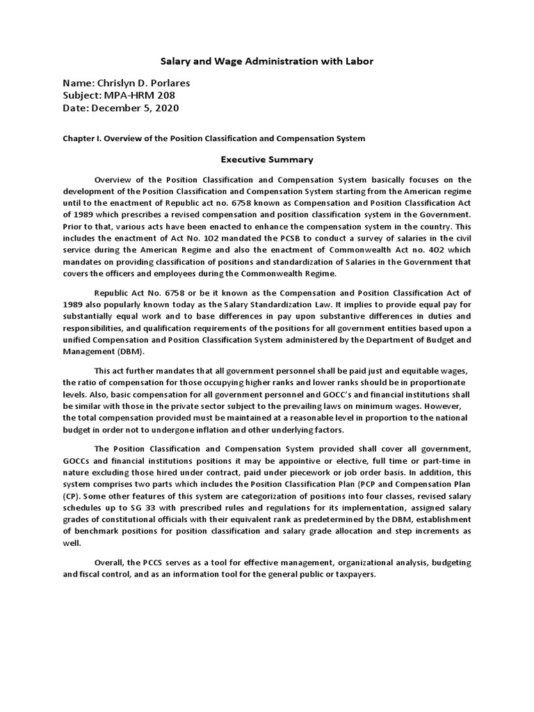 Executive Summary On Position Classification and Compensation System ...