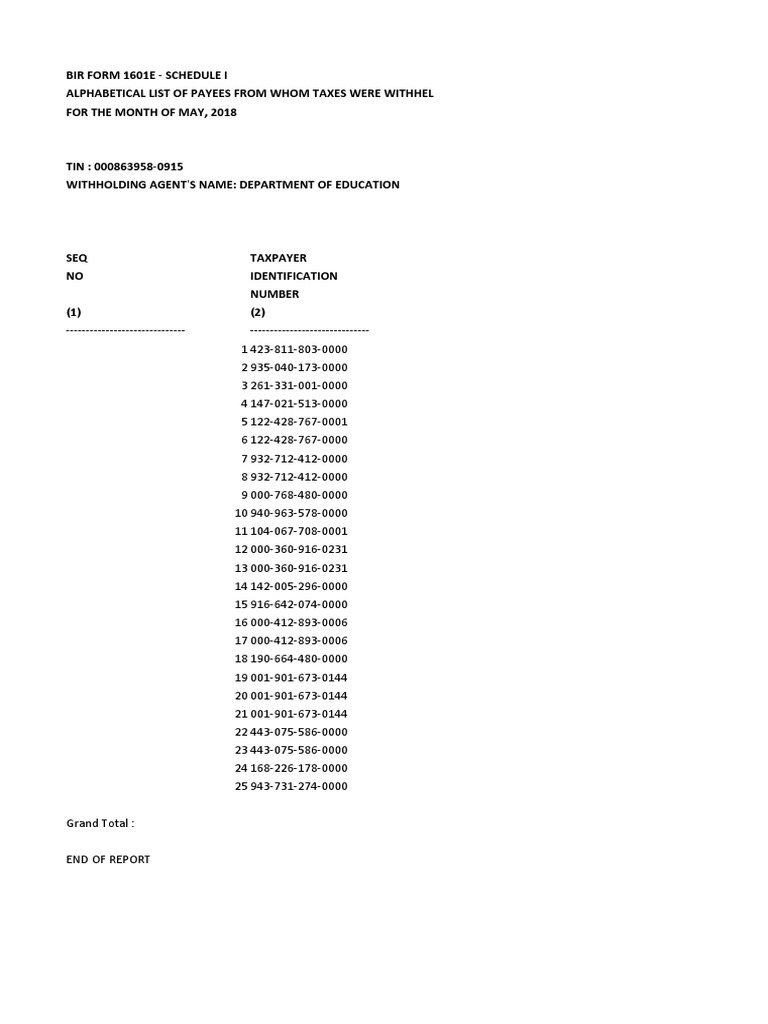 Bir Form 1601E - Schedule I Alphabetical List of Payees From Whom Taxes ...