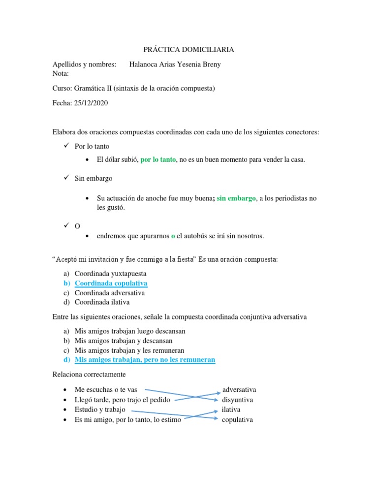 Ejercicios de Oraciones Compuestas | PDF | Artes del Lenguaje y ...