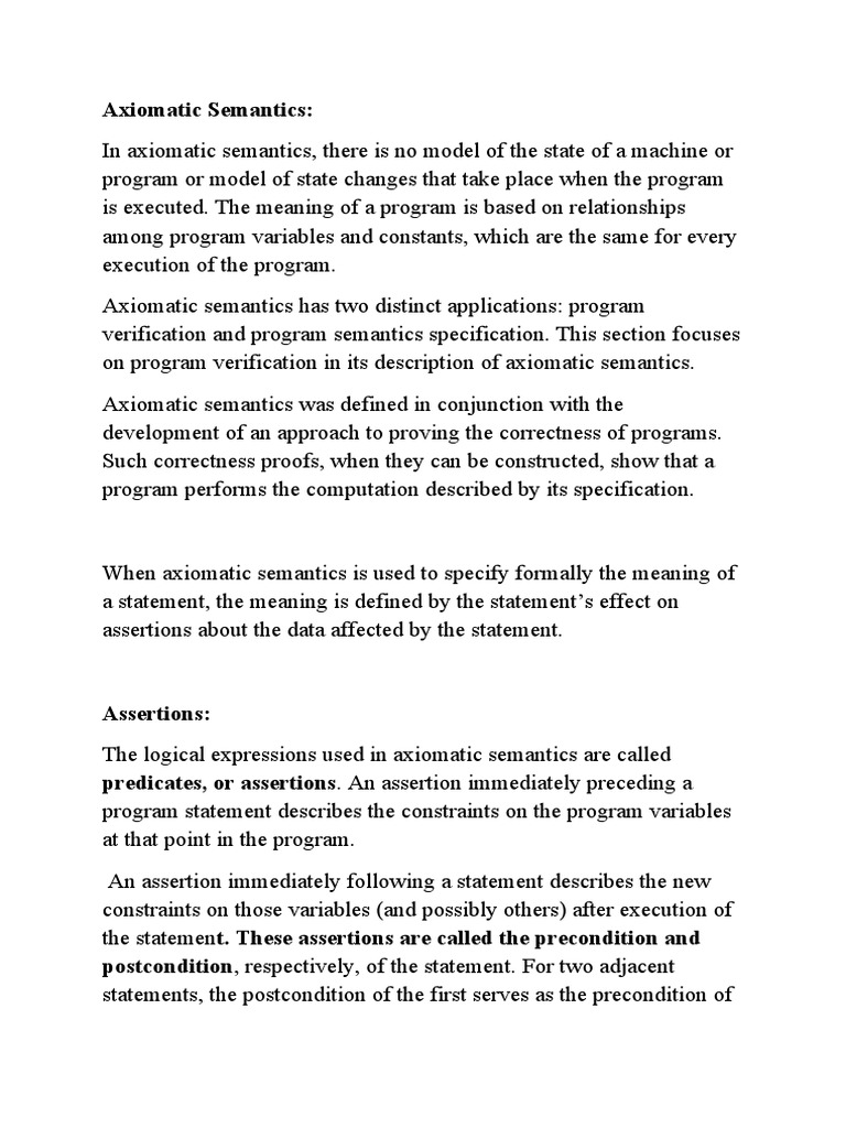 Axiomatic Semantics: Preconditions & Postconditions | PDF | Axiom ...