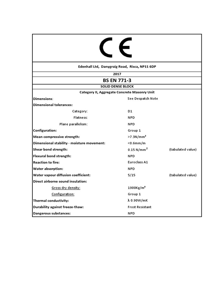 BS EN 771-3 Solid Dense Block - Category II, Aggregate Concrete Masonry ...
