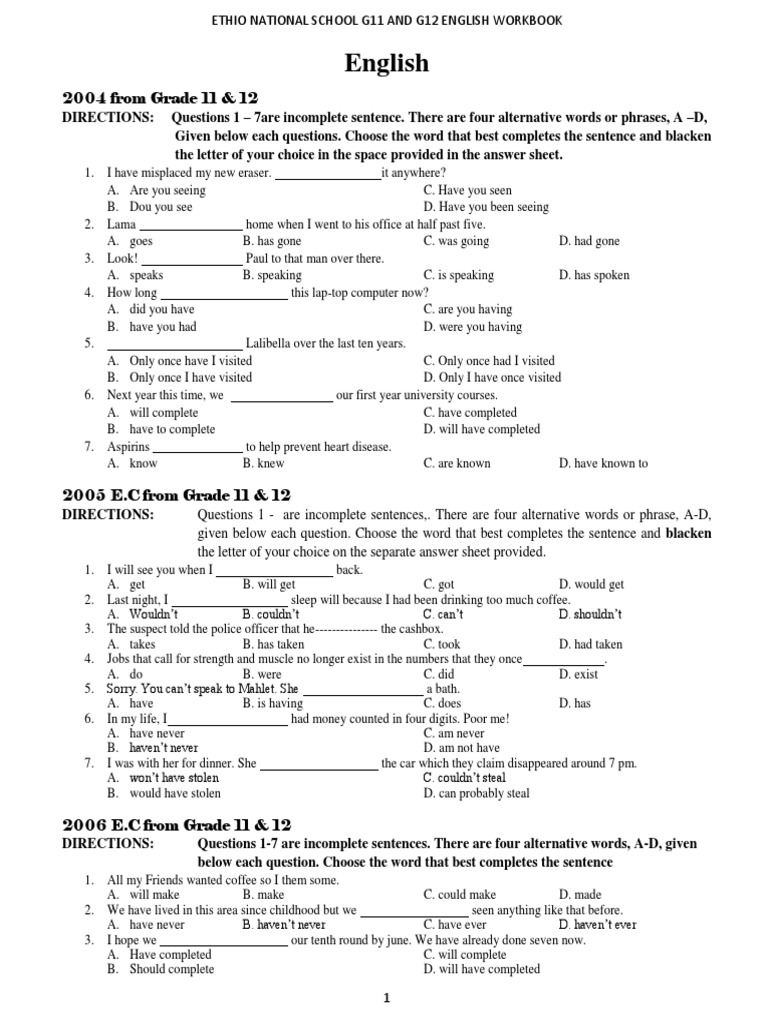 Work BookEnglishGrade 11&12 PDF PDF Phrase Question