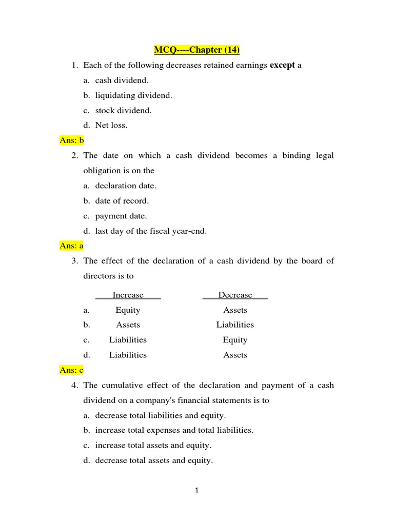 CH 14 MCQ PDF PDF Retained Earnings Dividend