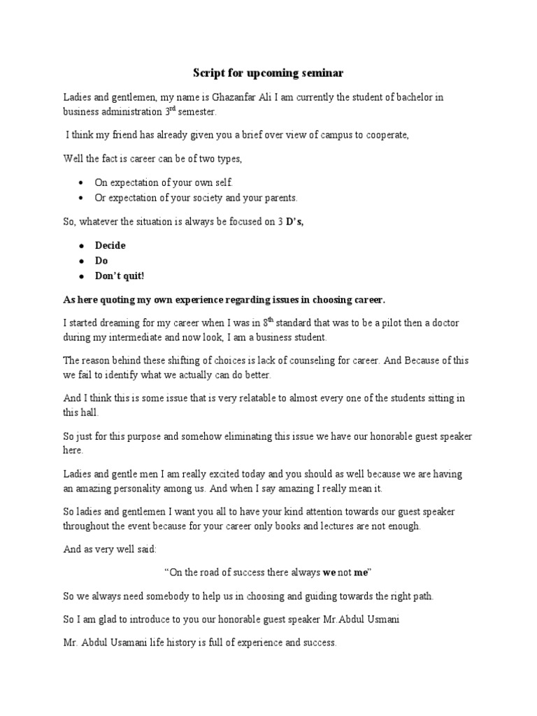 Script For Upcoming Seminar: As Here Quoting My Own Experience ...