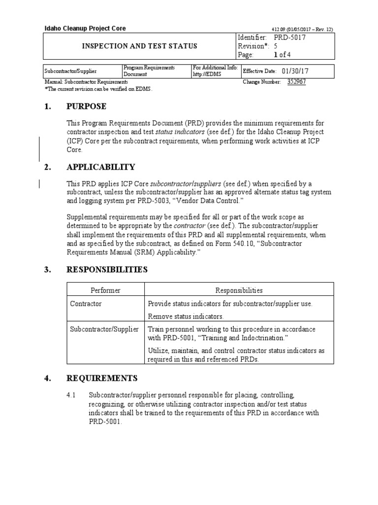 Purpose Inspection and Test Status 1 of 4 PDF Calibration Business
