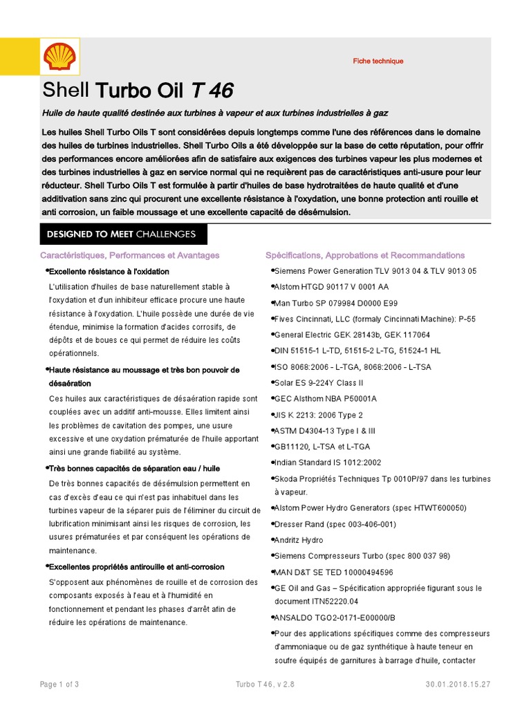 Fiche technique Shell Turbo Oil T 46 | PDF | Turbocompresseur | Turbine