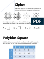 The Pigpen Cipher, Polybius Square, Atbash Cipher, Affine Cipher, Caesar Cipher, Phone Characters, Keyword Cipher and Morse Code