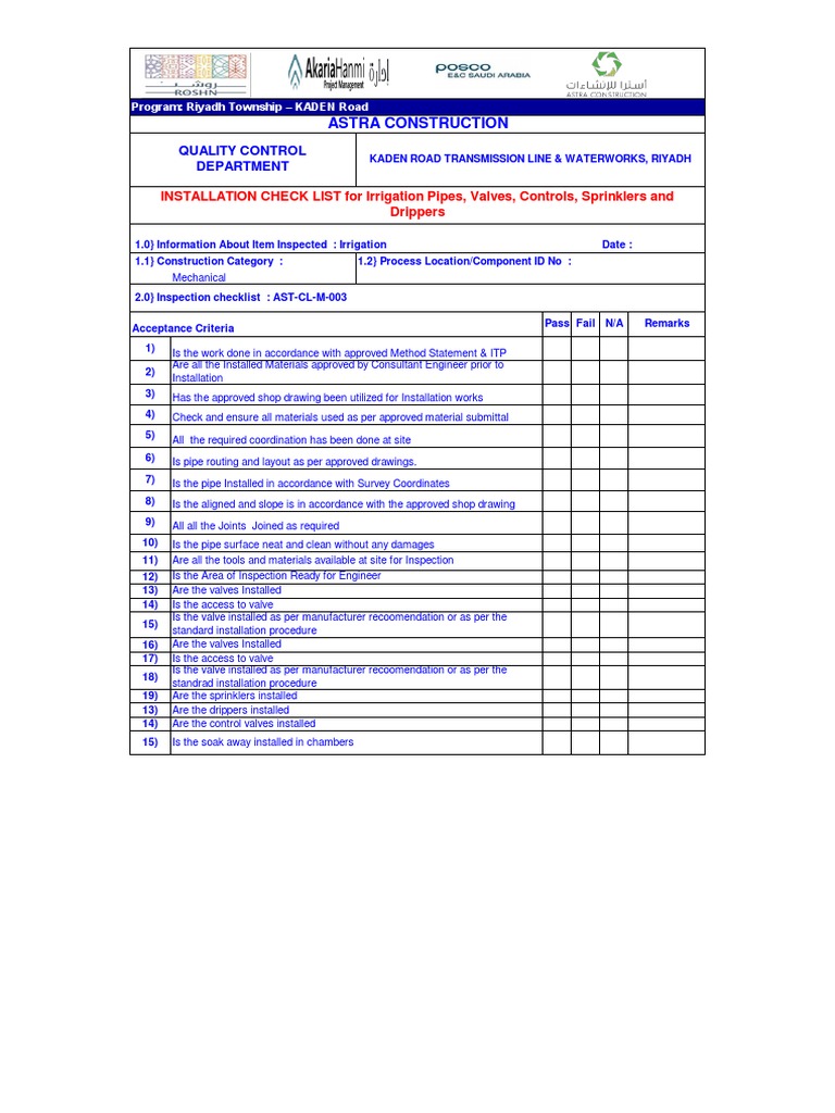 01Checklist For Irrigation PDF Pipe (Fluid Conveyance) Irrigation