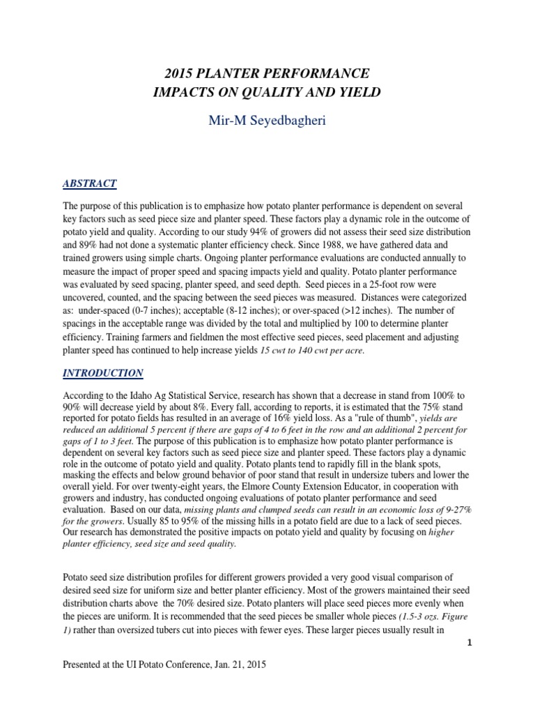 Potato Planter Performance Insights | PDF | Seed | Plantation