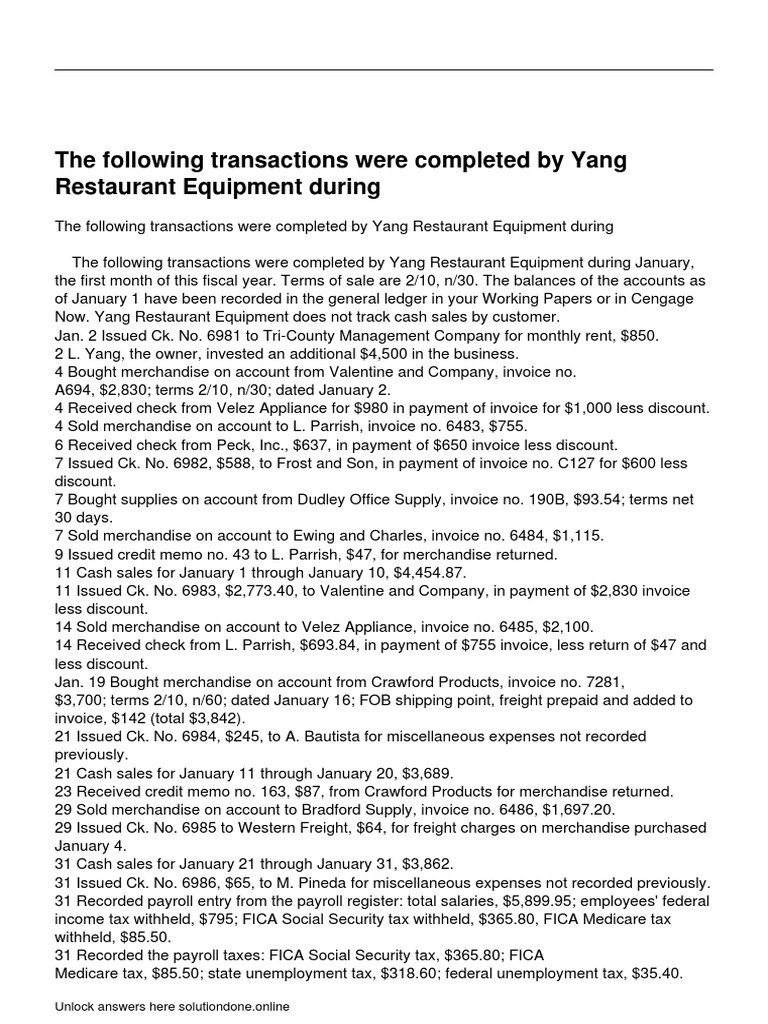 The Following Transactions Were Completed by Yang Restaurant Equipment