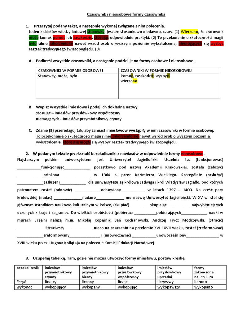 Osobowe I Nieosobowe Formy Czasownika ćwiczenia