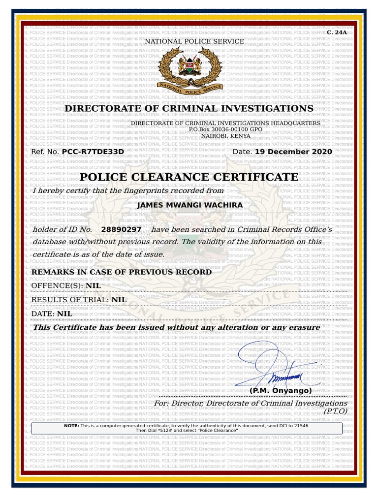 Kenya Police Clearance Certificate Sample | PDF