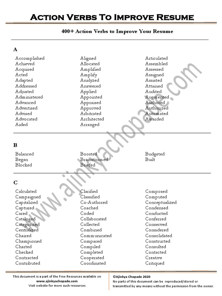 400+ Action Verbs To Improve Your Resume A | PDF | Business
