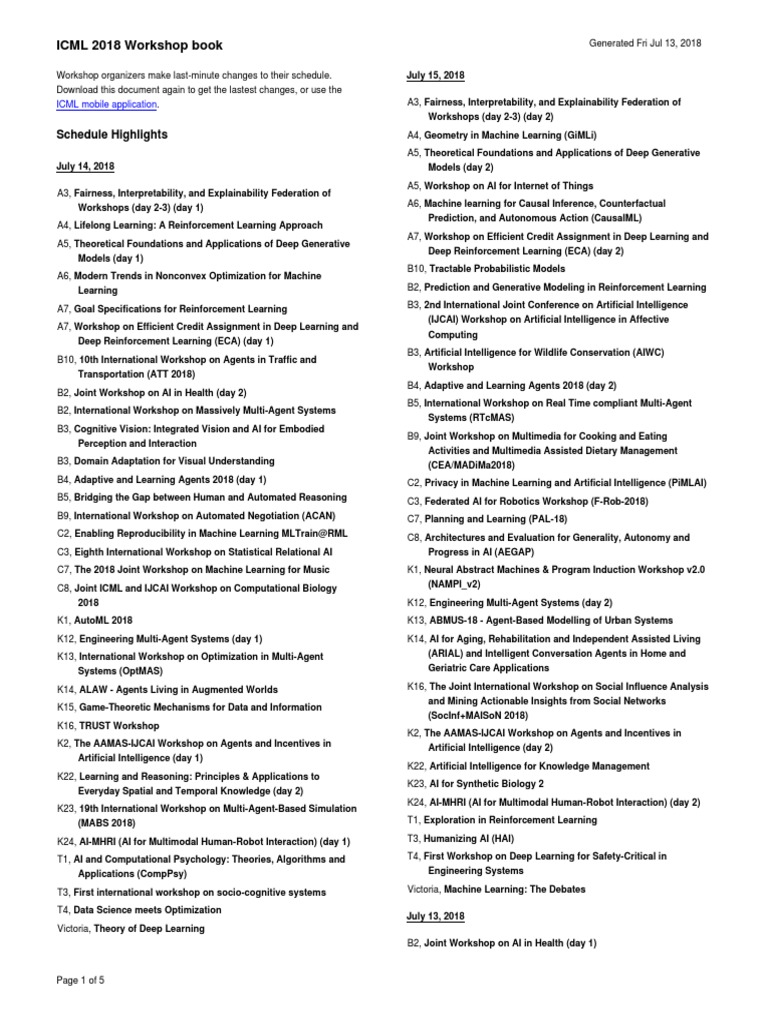 ICML 2018 Book Schedule Highlights PDF Artificial