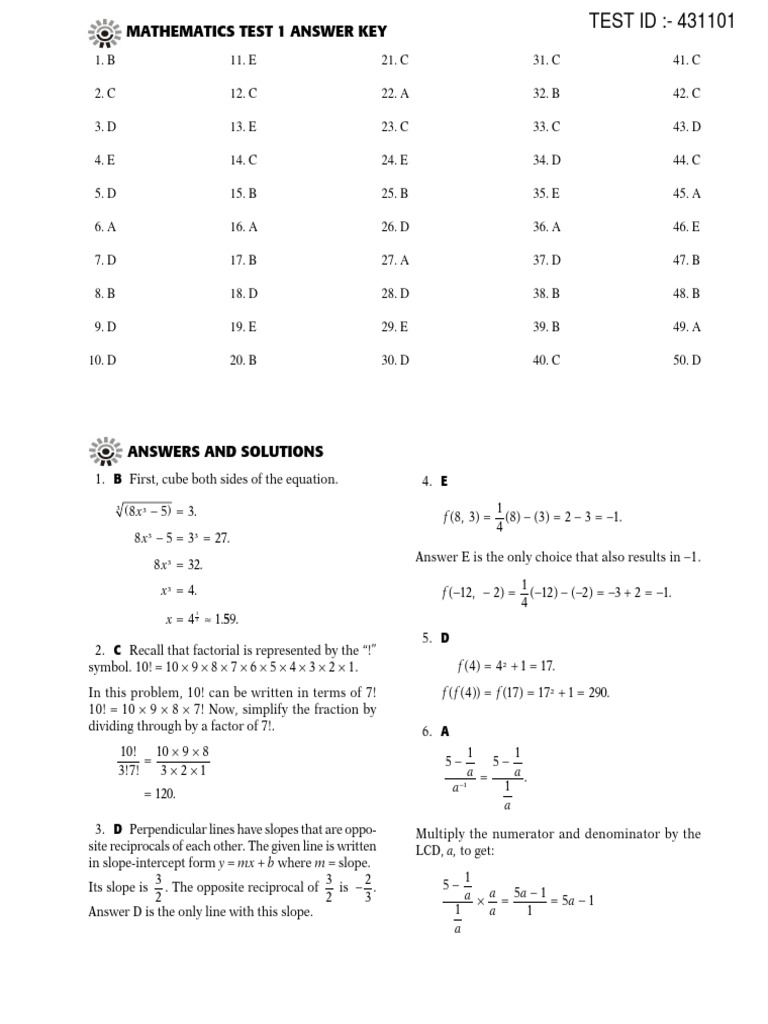 Mathematics Test 1 Answer Key | PDF | Sine | Trigonometric Functions