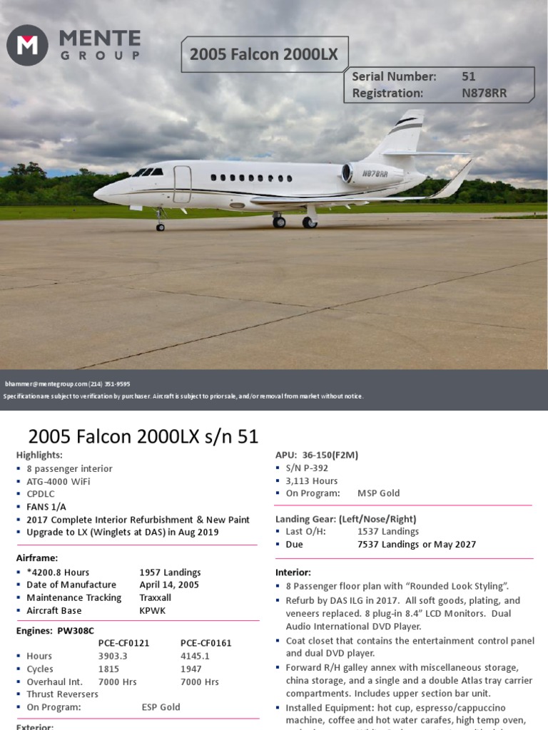 2005 Falcon 2000LX Specifications | PDF | Avionics | Mergers And ...