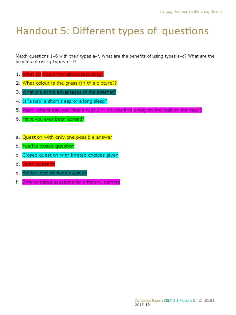 Handout 5: Different Types of Questions: Language Learning and The ...