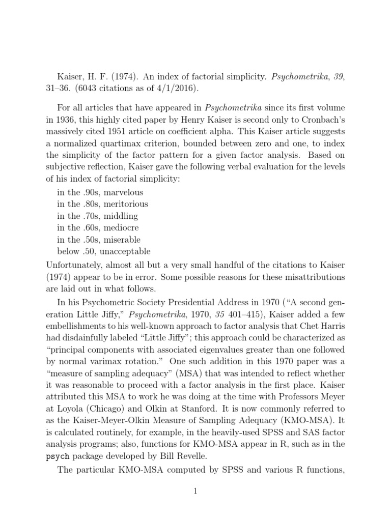 Misattribution of Kaiser's 1974 Paper | PDF | Factor Analysis | Analysis