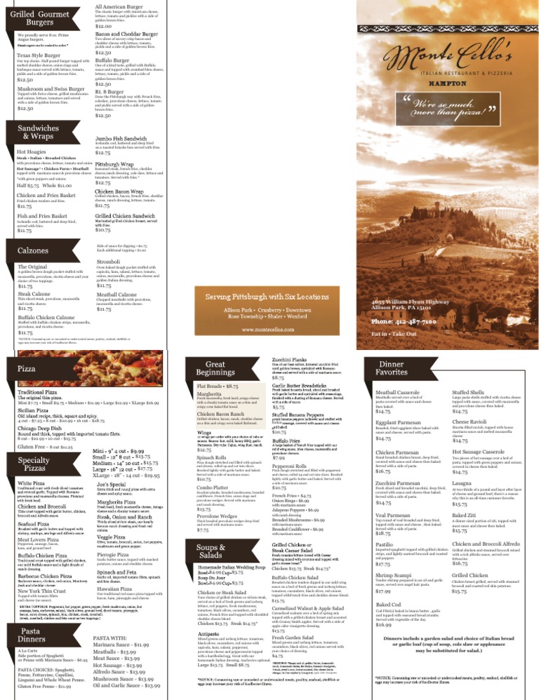 Monte Cellos Printable Menu
