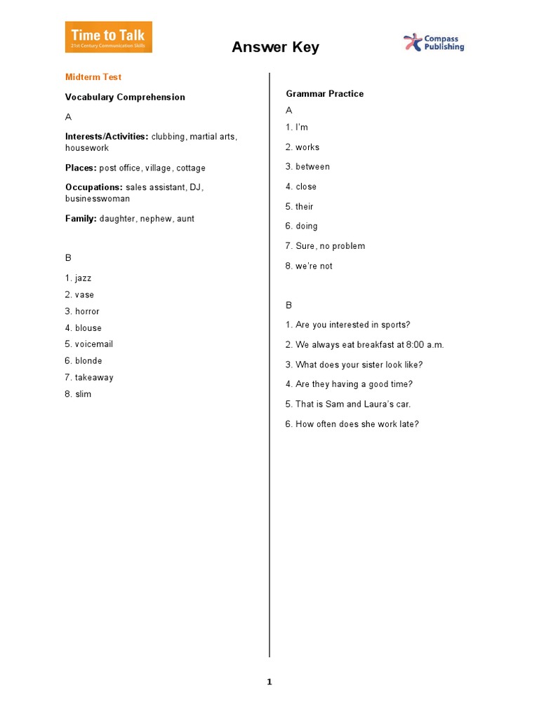 Answer Key for Vocabulary & Grammar Tests | PDF | Foods
