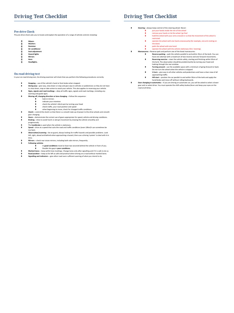 Driving Test Checklist Driving Test Checklist: Pre-Drive Check | PDF ...