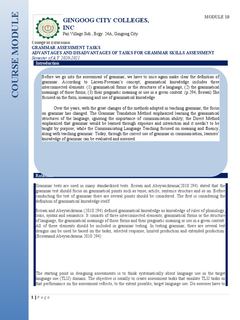 Course Module Eng 110 | PDF | Educational Assessment | Grammar