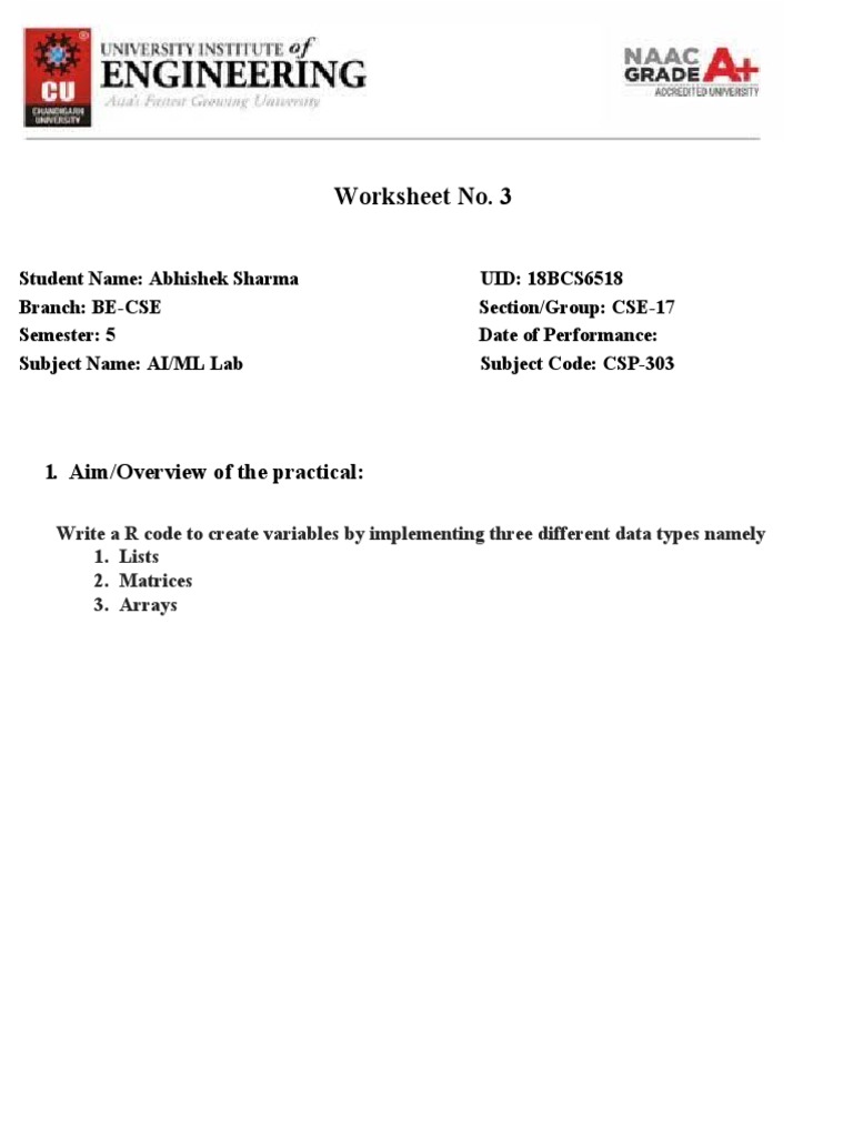 AIML Lab - Worksheet 3 (18BCS6518) | PDF