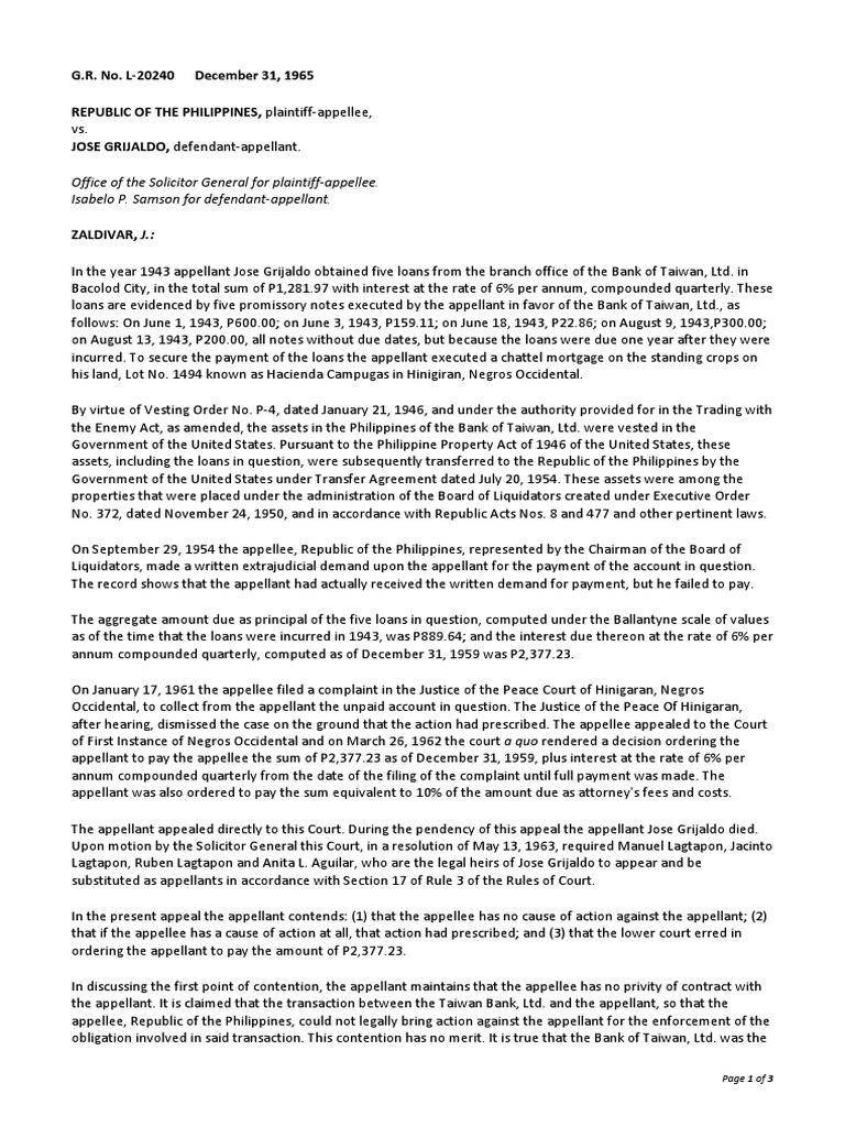 Republic V Grijaldo GR20240 PDF Loans Statute Of Limitations