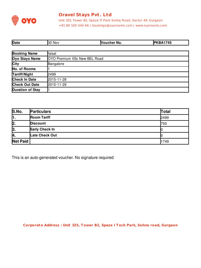 Oravel Stays Pvt. LTD: Date Voucher No. PKBA1745 | PDF