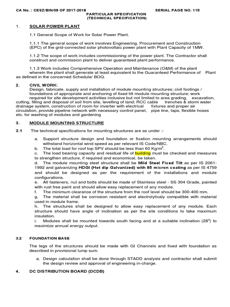 General Scope of Work For Solar Power Plant PDF PDF Electrical