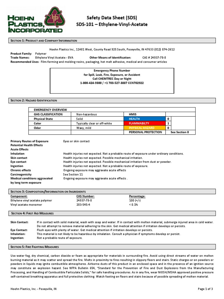 Sds 101 Ethylene Vinyl Acetate PDF Toxicity Polyvinyl Chloride