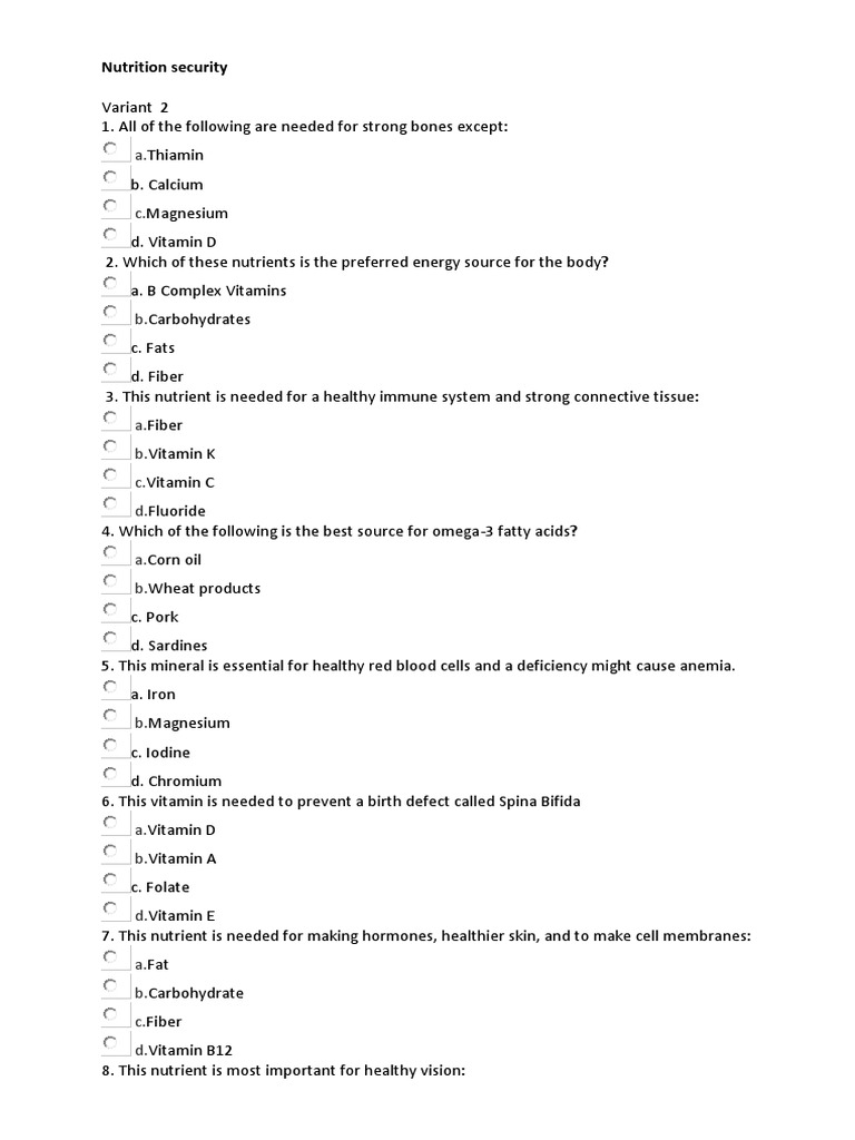 Nutrition Quiz PDF Vitamin Human Nutrition