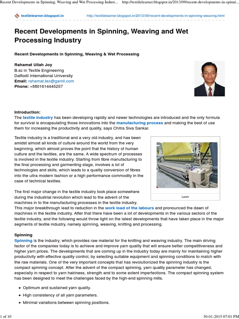 Recent Developments in Spinning, Weaving and Wet Processing Industry